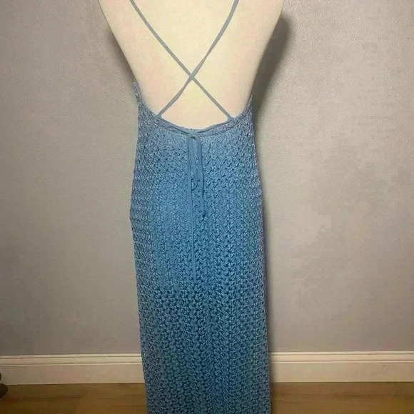Crochet Maxi lined Halter Dress By Forever 21 SZ Medium Blue Mermaid Sexy Boho - Picture 5 of 5